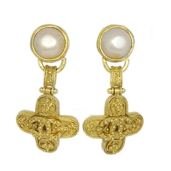 Chanel Artificial Pearl Dangle Earrings Clip-On Gold 94A 141204 - Picture 1 of 4